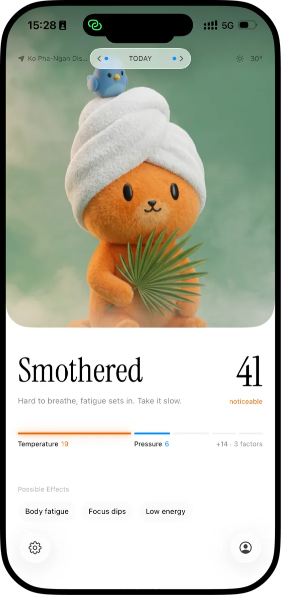 Meteosense on a humid day: the day is named Smothered, with temperature and pressure leading.